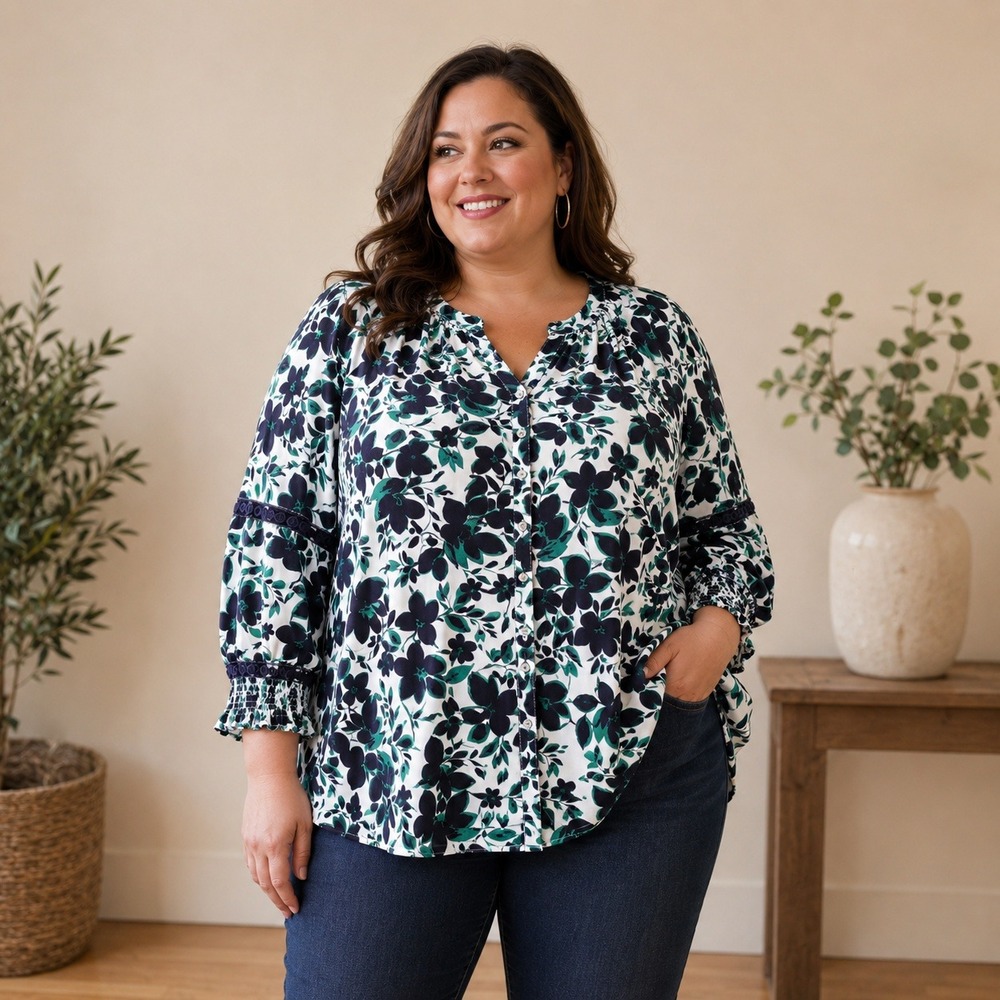 Como Black Blouse Women 1X Navy Green Floral Crochet Trim Smocked Cuff V-Neck